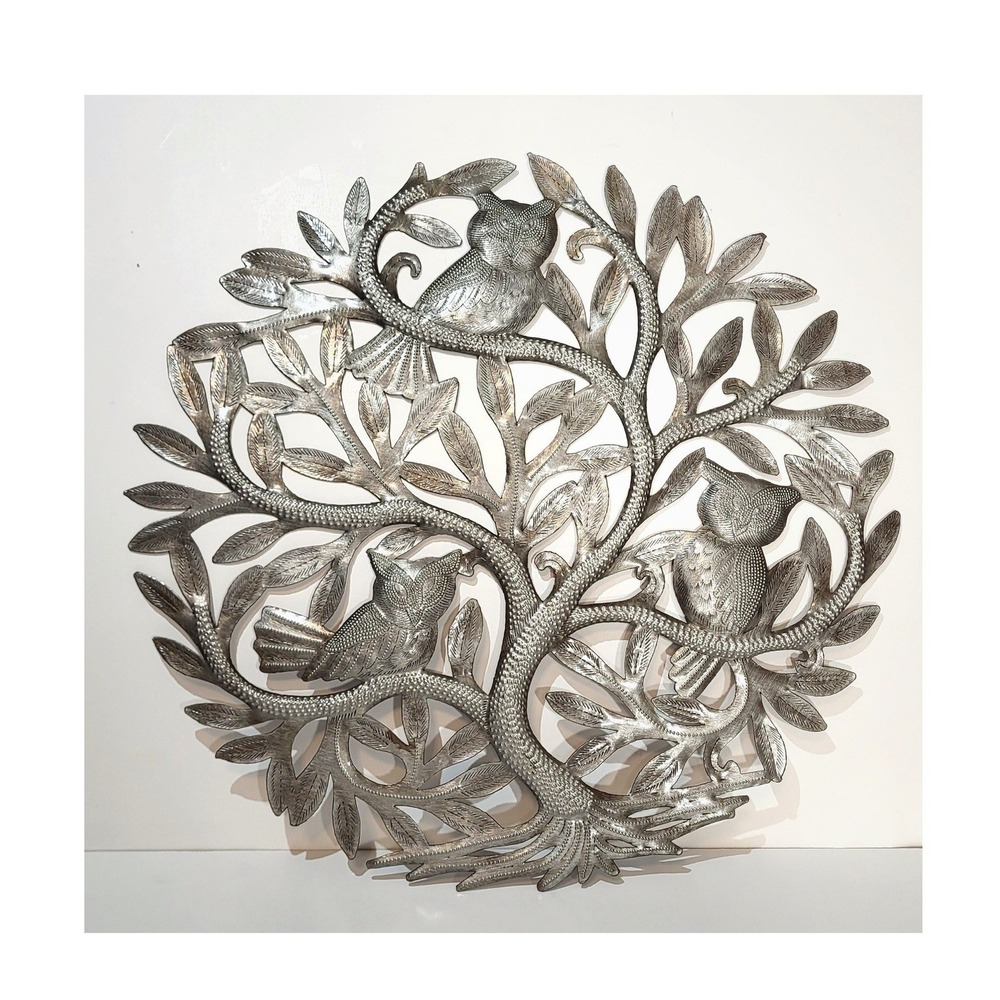 Haitian Steel Drum Art Tree of Life Owls Wall Hanging Recycled Metal 17 Inch